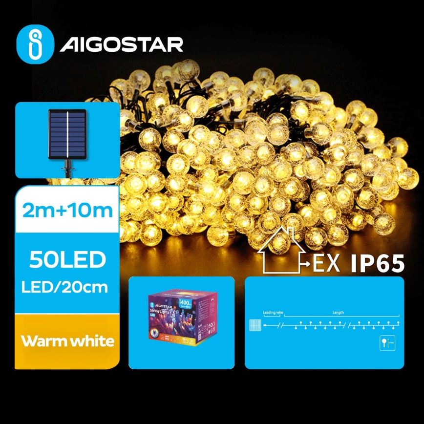 Aigostar - Guirlande décorative solaire 50xLED/8 fonctions 12m 800 mAh IP65 blanc chaud