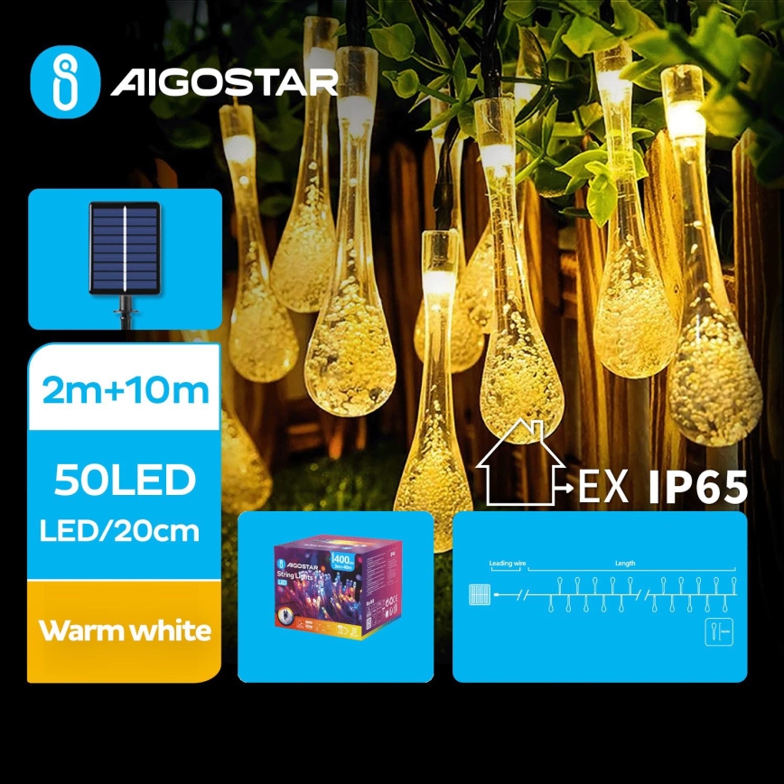 Aigostar - Guirlande décorative solaire 50xLED/8 fonctions 12m IP65 blanc chaud 800 mAh