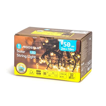 Aigostar - Guirlande décorative solaire 50xLED/8 fonctions 12m 800 mAh IP65 blanc chaud