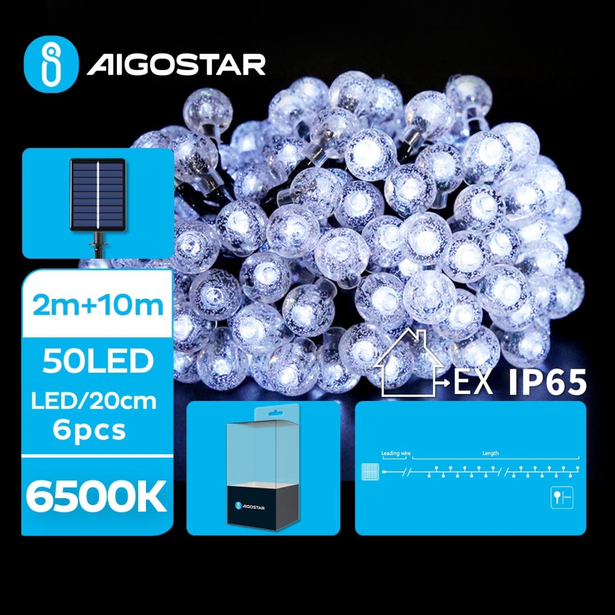 Aigostar - Guirlande décorative solaire 50xLED/8 fonctions 12m IP65 blanc froid 800 mAh