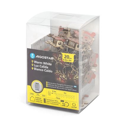Aigostar - Guirlande LED 20 LED, 3xAA, 3 m, blanc chaud, motif renne