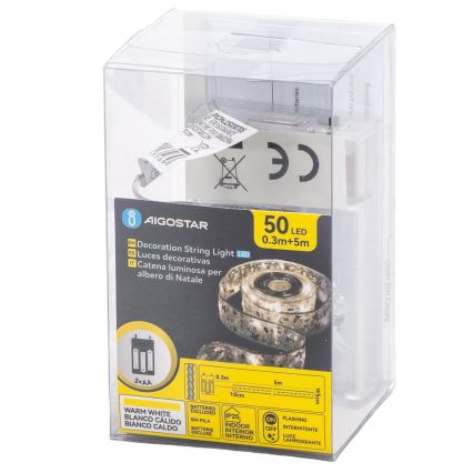 Aigostar - Guirlande LED 50 LED / 3×AA, 5 m, blanc chaud, argentée