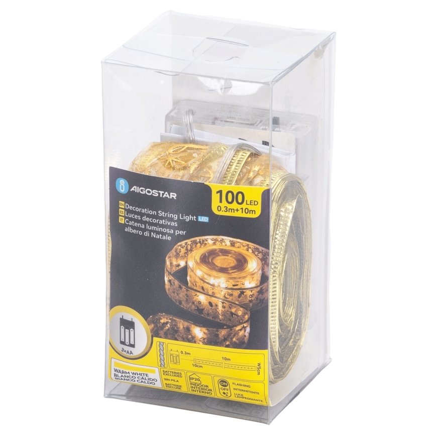 Aigostar - Guirlande LED de Noël 100 LED/3xAA 10 m blanc chaud doré