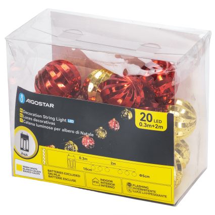 Aigostar - Guirlande lumineuse LED de Noël 20xLED/3xAA 2 m blanc chaud