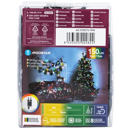 Aigostar - Guirlande LED de Noël d'extérieur 150 LED, 8 modes, 18 m, IP44, multicolore