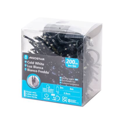 Aigostar - Guirlande LED de Noël d'extérieur, 200 LED, 8 fonctions, 8 m, IP44, blanc froid