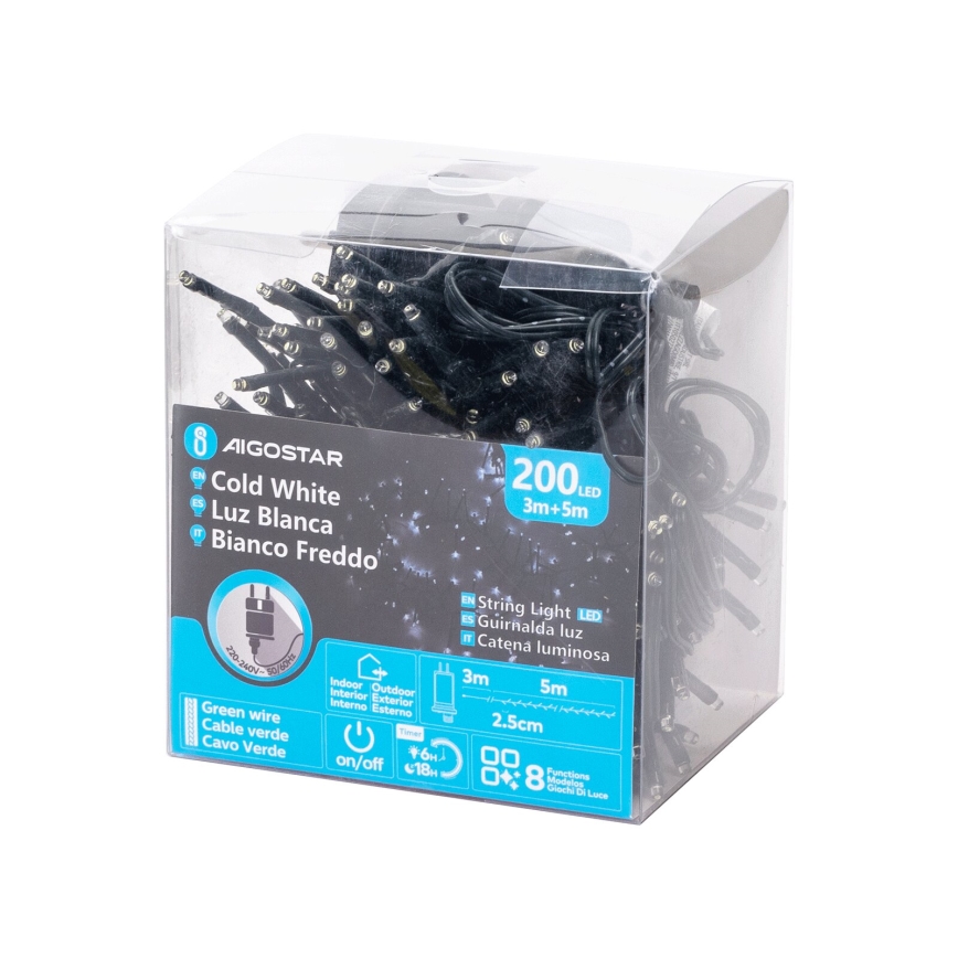 Aigostar - Guirlande LED de Noël d'extérieur, 200 LED, 8 fonctions, 8 m, IP44, blanc froid