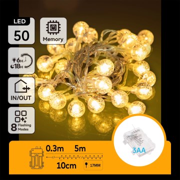 Aigostar - Guirlande LED de Noël d'extérieur 50xLED/3xAA/8 fonctions 5,3 m IP44 blanc chaud