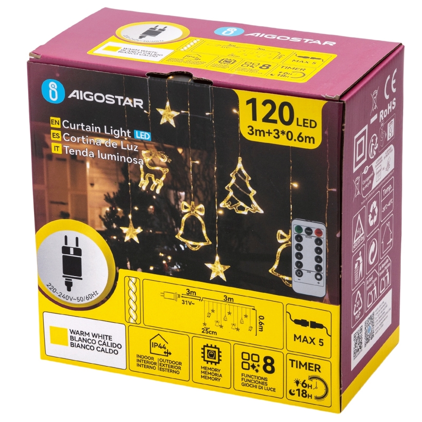 Aigostar - Guirlande lumineuse de Noël extérieure 120 LED, 8 fonctions, 3 x 0,6 m, IP44, blanc chaud + télécommande
