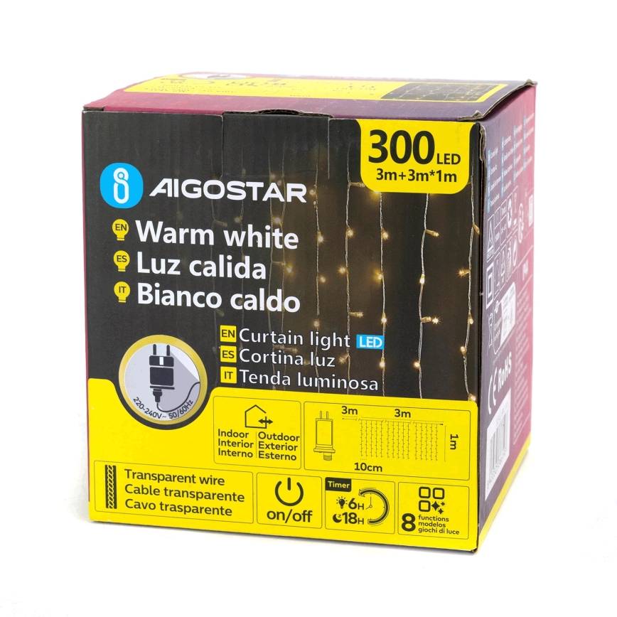 Aigostar - Guirlande lumineuse LED d'extérieur 300 LED, 8 fonctions, 3 x 1 m, IP44, blanc chaud + télécommande