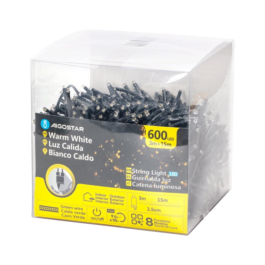 Aigostar - Guirlande LED de Noël extérieure 600 LED, 8 fonctions, 18 m, IP44, blanc chaud