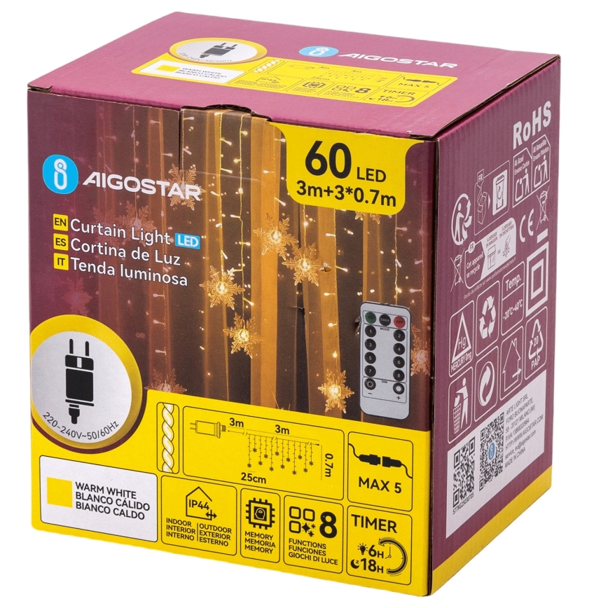 Aigostar - LED Guirlande de Noël extérieure 120xLED/8 fonctions 3x0,7m IP44 blanc chaud + télécommande