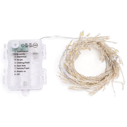 Aigostar - Guirlande LED de Noël pour l'extérieur 200 LED / 8 fonctions, 3 piles AA, 6,3 m, IP44, blanc chaud