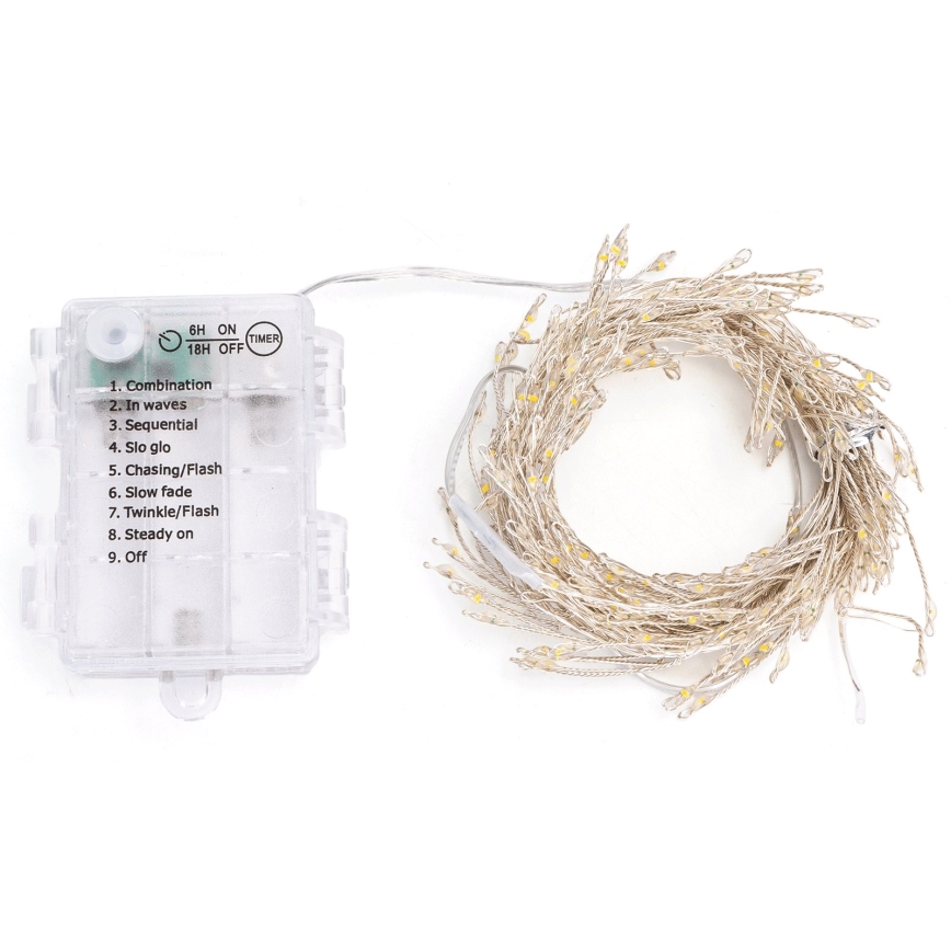 Aigostar - Guirlande LED de Noël pour l'extérieur 200 LED / 8 fonctions, 3 piles AA, 6,3 m, IP44, blanc chaud
