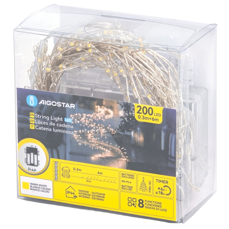 Aigostar - Guirlande LED de Noël pour l'extérieur 200 LED / 8 fonctions, 3 piles AA, 6,3 m, IP44, blanc chaud