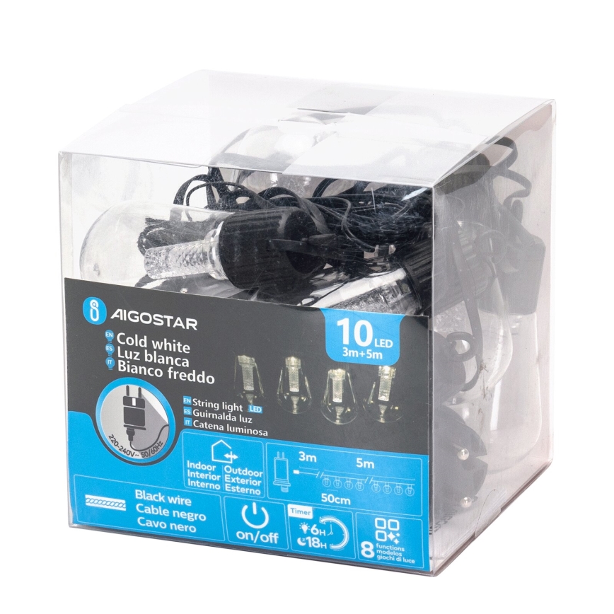 Aigostar - Guirlande LED décorative d'extérieur 10xLED/8m IP44 blanc froid