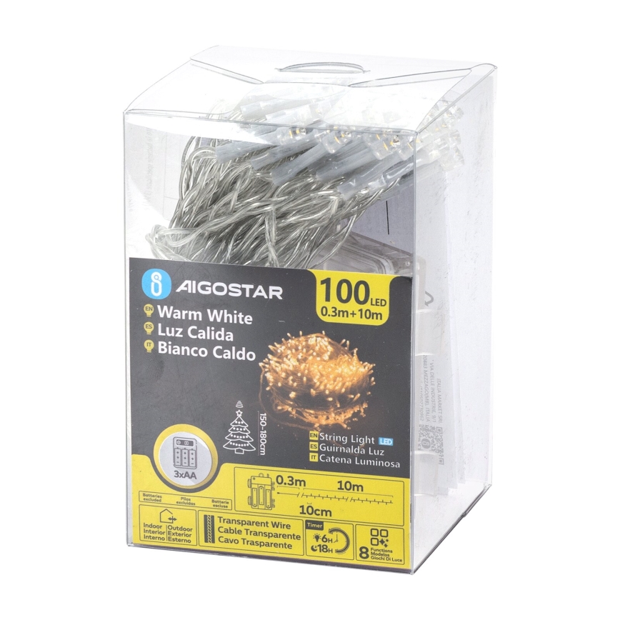 Aigostar - Guirlande LED d'extérieur 100 LED, 8 modes, alimentée par 3 piles AA, 10,3 m, IP44, blanc chaud