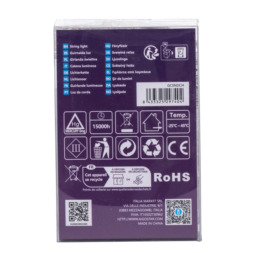 Aigostar - Guirlande LED d'extérieur 100 LED, 8 modes, alimentée par 3 piles AA, 10,3 m, IP44, blanc chaud