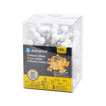 Aigostar - Guirlande lumineuse LED extérieure 100xLED/3xAA/8 fonctions 10,3 m IP44 blanc chaud