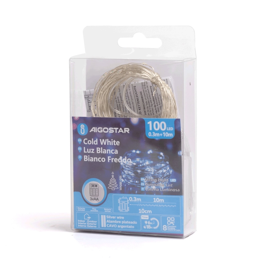 Aigostar - LED Guirlande extérieure 100xLED/8 modes/3xAA 10,3m IP44 blanc froid