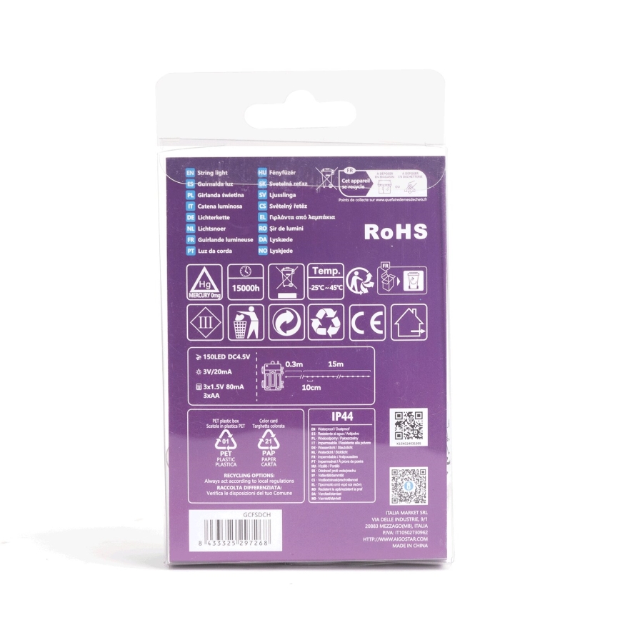 Aigostar - Guirlande LED extérieure 150xLED/8 fonctions/3xAA 15,3m IP44 blanc froid