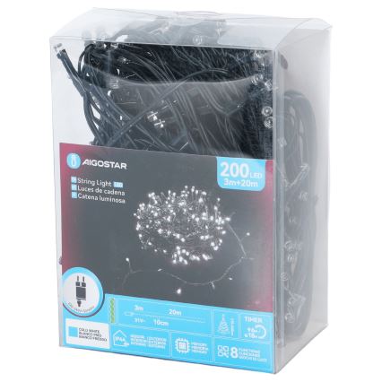 Aigostar - Guirlande lumineuse LED d'extérieur, 200 LED, 8 fonctions, 20 m, IP44, blanc froid