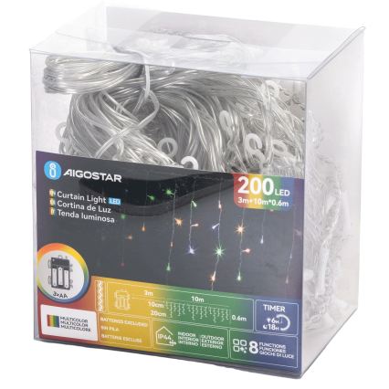 Aigostar - Guirlande LED de Noël d'extérieur 200 LED, 8 fonctions, 3xAA, 13 x 0,6 m, IP44, multicolore