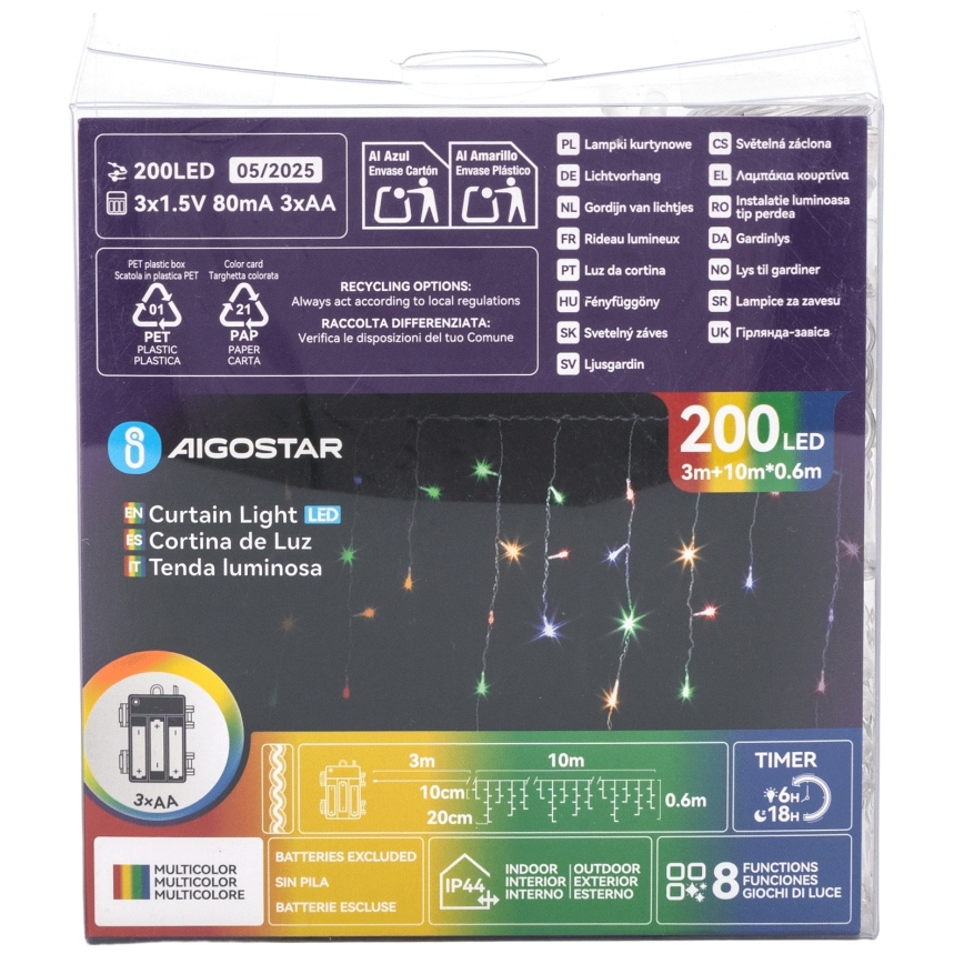Aigostar - Guirlande LED de Noël d'extérieur 200 LED, 8 fonctions, 3xAA, 13 x 0,6 m, IP44, multicolore