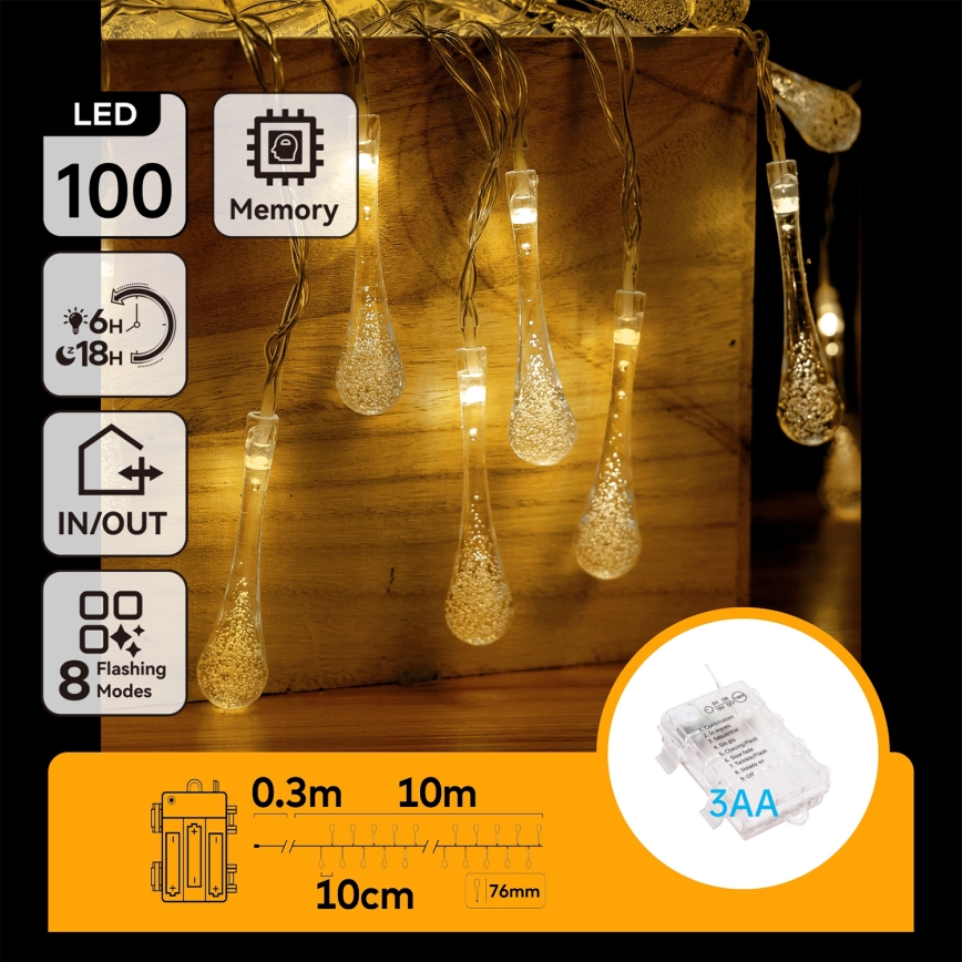 Aigostar - Guirlande LED d'extérieur pour Noël, 100 LED / 8 fonctions, 3xAA, 10 m, IP44, blanc chaud, ampoules en forme de goutte