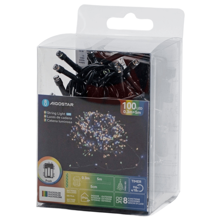 Aigostar - Guirlande lumineuse d'extérieur 100 LED / 8 fonctions, alimentée par 3 piles AA, 5,3 m, IP44, multicolore