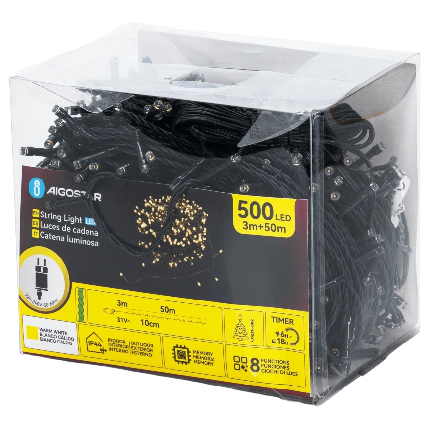 Aigostar - Guirlande LED d'extérieur 500 LED / 8 modes, 50 m, IP44, blanc chaud