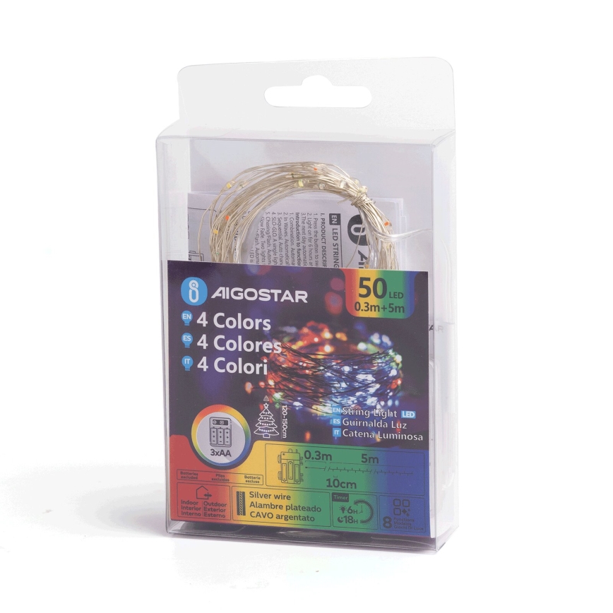 Aigostar - Guirlande LED extérieure 50xLED/8 fonctions 3xAA 5,3m IP44 multicolore
