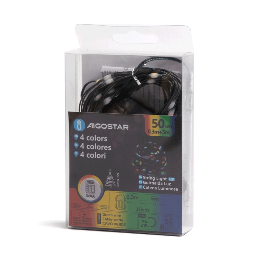 Aigostar - Guirlande LED extérieure 50xLED/8 fonctions 3xAA 5,3m IP44 multicolore