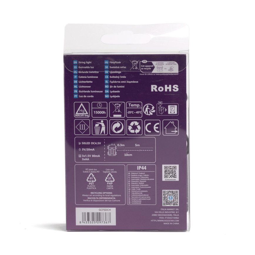 Aigostar - Guirlande LED extérieure 50xLED/8 fonctions 3xAA 5,3m IP44 multicolore