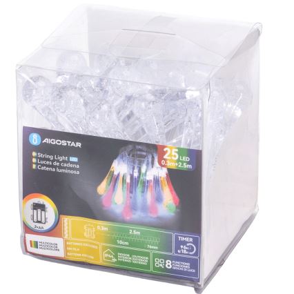 Aigostar - Guirlande LED extérieure 25xLED/8 fonctions 3xAA 2,5m IP44 gouttes multicolores