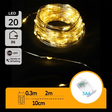 Aigostar - Guirlande lumineuse de Noël 20 LED/3xAA 2,3 m blanc chaud