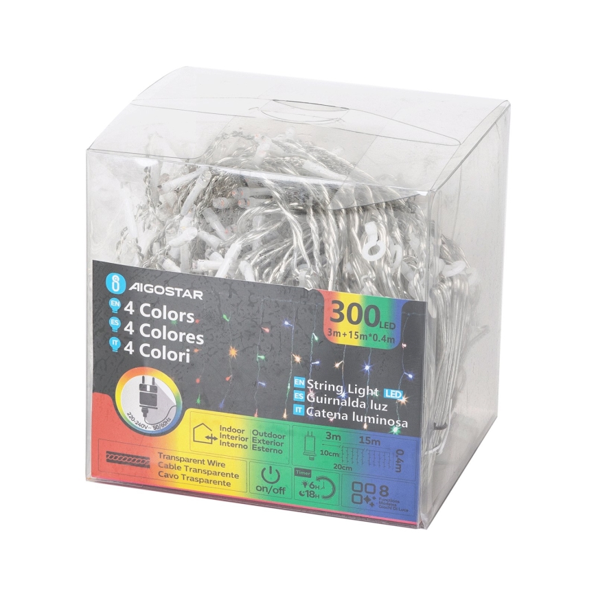 Aigostar - Guirlande lumineuse de Noël extérieure à LED 300xLED/8 fonctions 18x0,4m IP44 multicolore