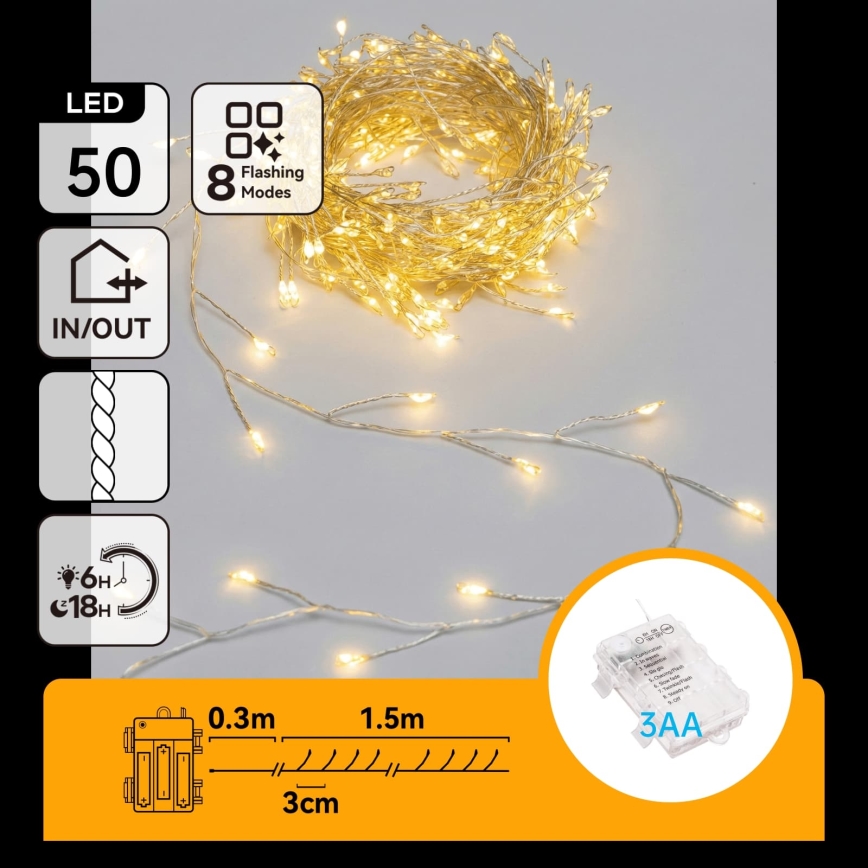 Aigostar - Guirlande lumineuse de Noël extérieure à LED 50xLED/8 modes 3xAA 1,8m IP44 blanc chaud