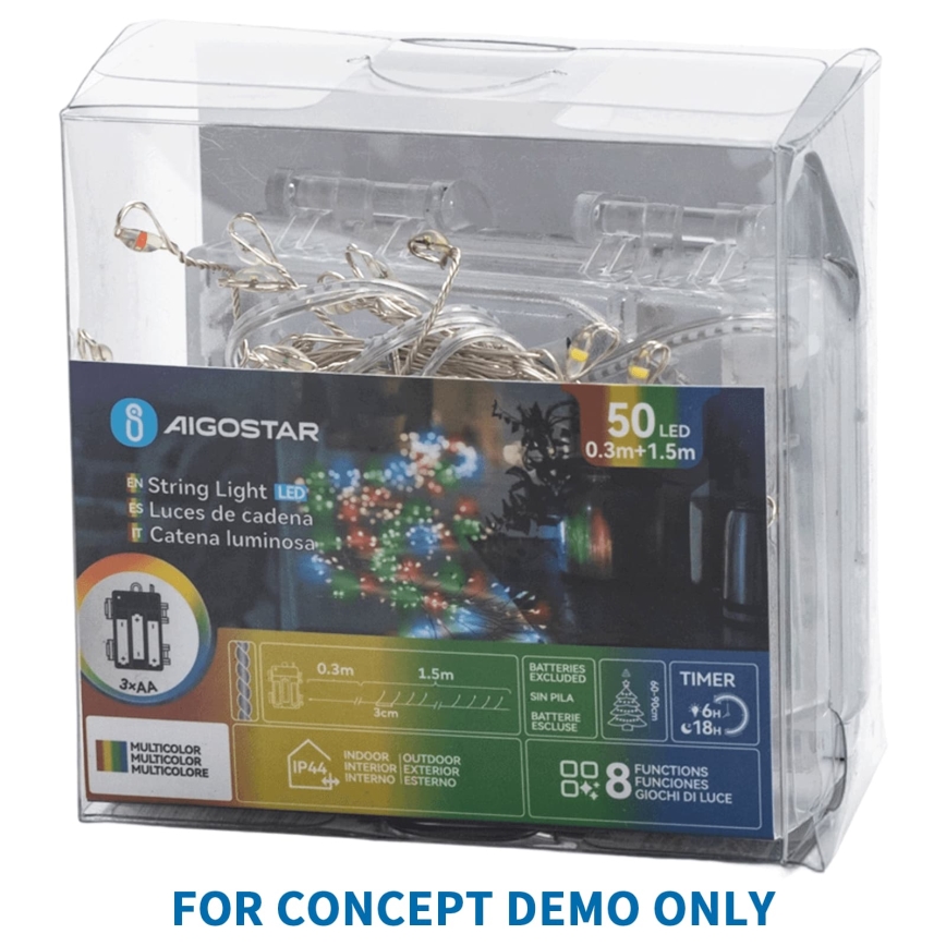 Aigostar - Guirlande lumineuse de Noël extérieure à LED 50xLED/8 modes 3xAA 1,8m IP44 blanc chaud