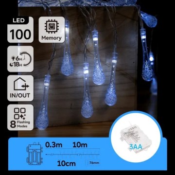 Aigostar - Guirlande lumineuse de Noël extérieure LED 100xLED/8 fonctions 3xAA 10m IP44 blanc froid en forme de goutte