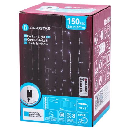 Aigostar - Guirlande lumineuse LED d'extérieur pour Noël 150 LED/6W/230V/8 fonctions 1,5x1m IP44 blanc froid + télécommande