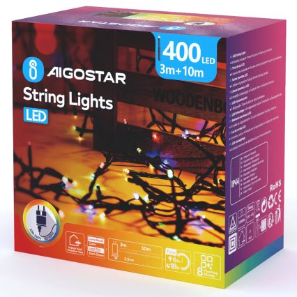 Aigostar - Guirlande lumineuse de Noël extérieure LED 400 LEDs / 8 fonctions, 13 m, IP44, multicolore