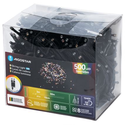 Aigostar - Guirlande de Noël LED d'extérieur 500 LED / 8 fonctions, 50 m, IP44, multicolore