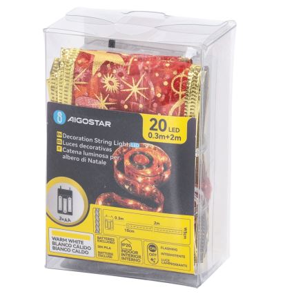 Aigostar - Guirlande lumineuse LED de Noël 20xLED / 3xAA / 2 m, blanc chaud, rouge