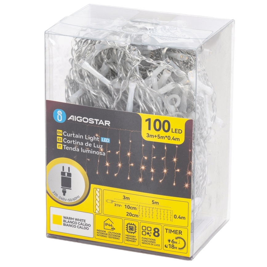 Aigostar - Guirlande lumineuse de Noël LED d'extérieur 100xLED/8 fonctions 5x0,4m IP44 blanc chaud