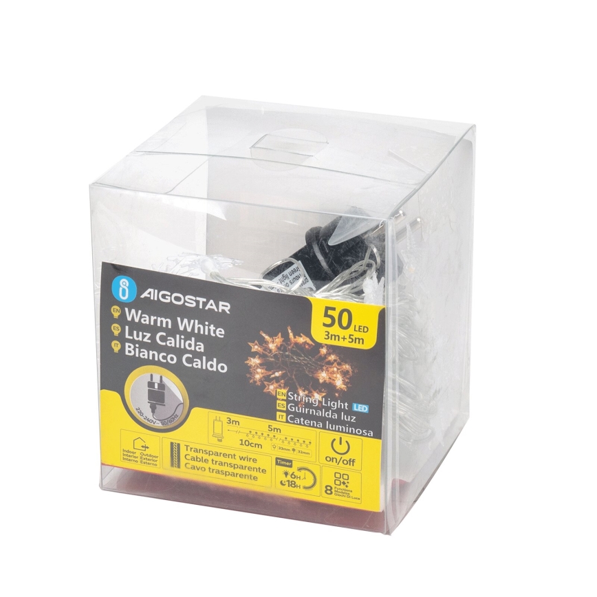 Aigostar - Guirlande lumineuse de Noël LED extérieure, 50 LED, 8 fonctions, 8 m, IP44, blanc chaud