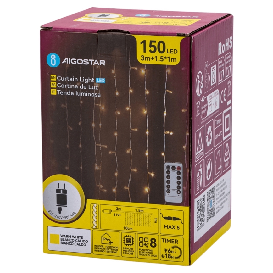 Aigostar - LED guirlande de Noël extérieure 150xLED/6W/230V/8 fonctions 1,5x1m IP44 blanc chaud + télécommande