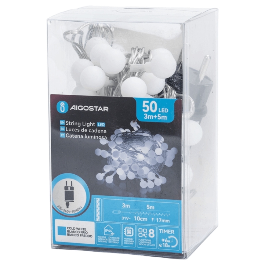 Aigostar - Guirlande décorative d'extérieur 50xLED/8 fonctions 5 m IP44 blanc froid