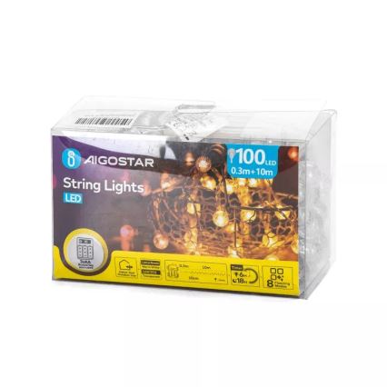 Aigostar - Guirlande LED d'extérieur 100xLED/3xAA/8 fonctions 10,3 m IP44 blanc chaud