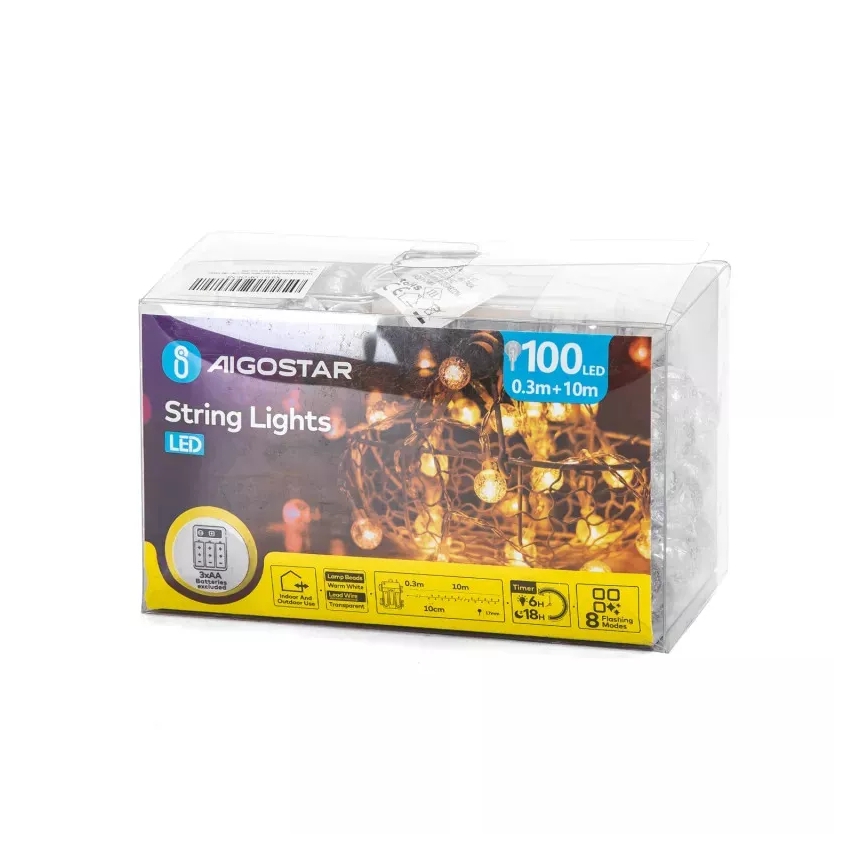Aigostar - Guirlande LED d'extérieur 100xLED/3xAA/8 fonctions 10,3 m IP44 blanc chaud